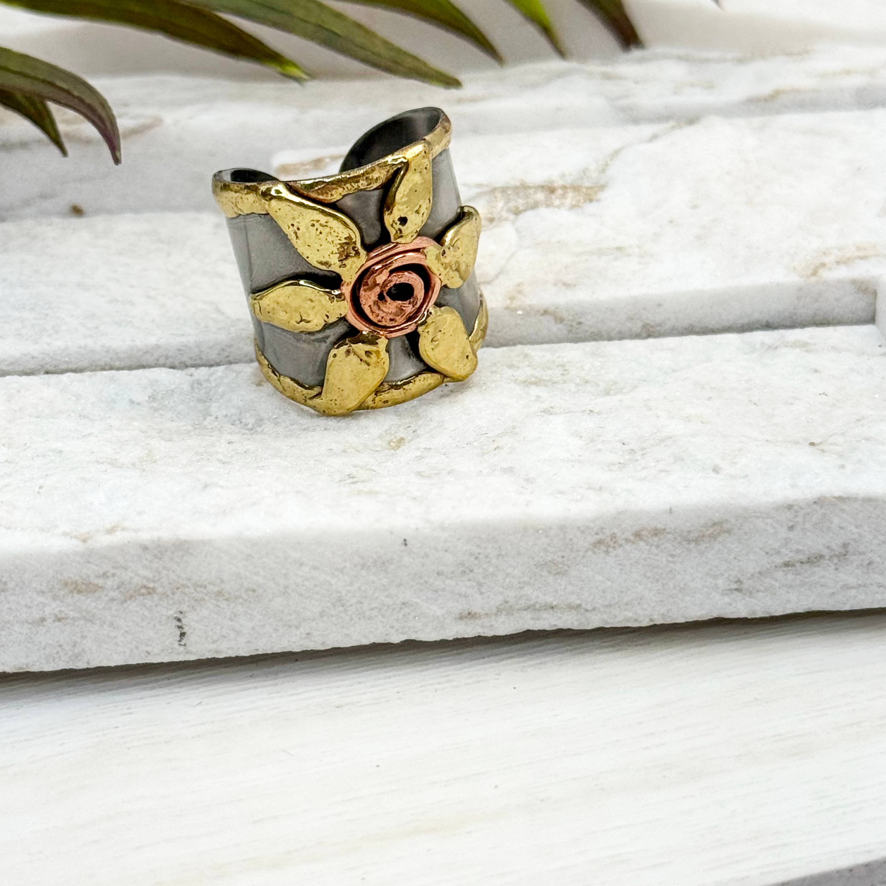 Handcrafted mixed metal flowers ring by Anju Jewelry featuring intricate floral design and artisanal craftsmanship.