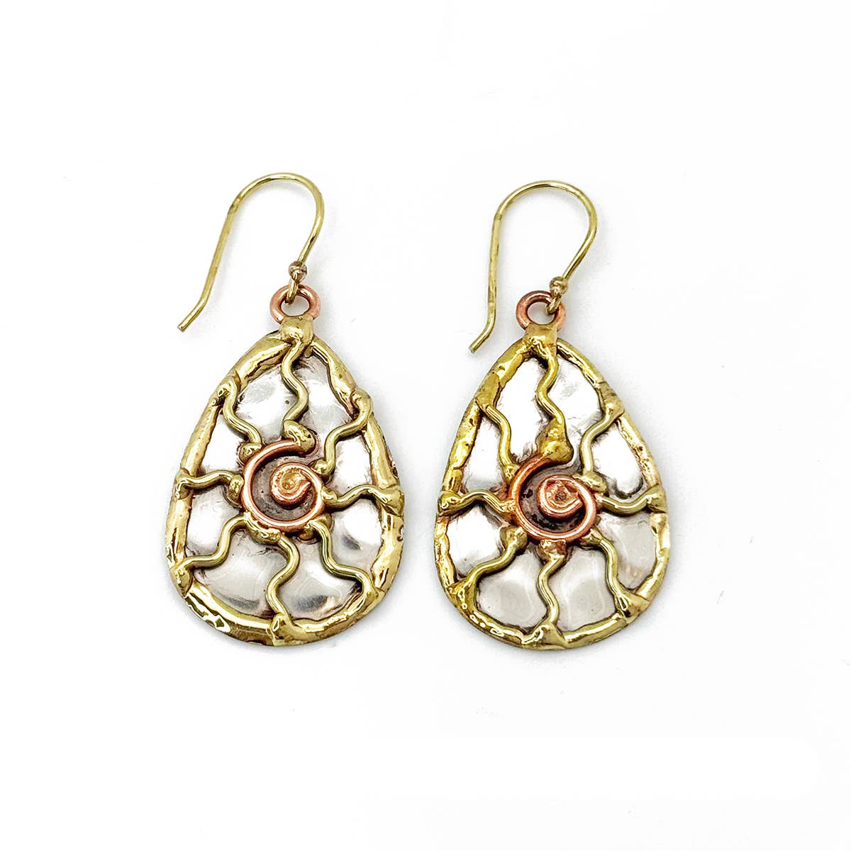 Handcrafted mixed metal sun earrings with intricate design from Anju Jewelry, featuring a radiant sun motif and metal finish.