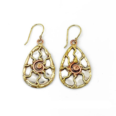 Handcrafted mixed metal sun earrings with intricate design from Anju Jewelry, featuring a radiant sun motif and metal finish.