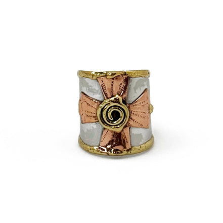 Mixed metal spiral cross ring from Anju Jewelry, featuring a unique jewelry design with layered metal details.