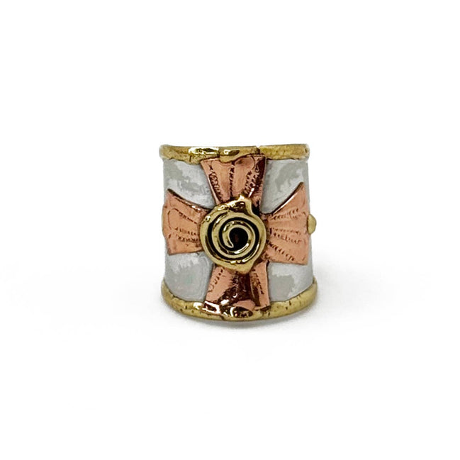 Mixed metal spiral cross ring from Anju Jewelry, featuring a unique jewelry design with layered metal details.