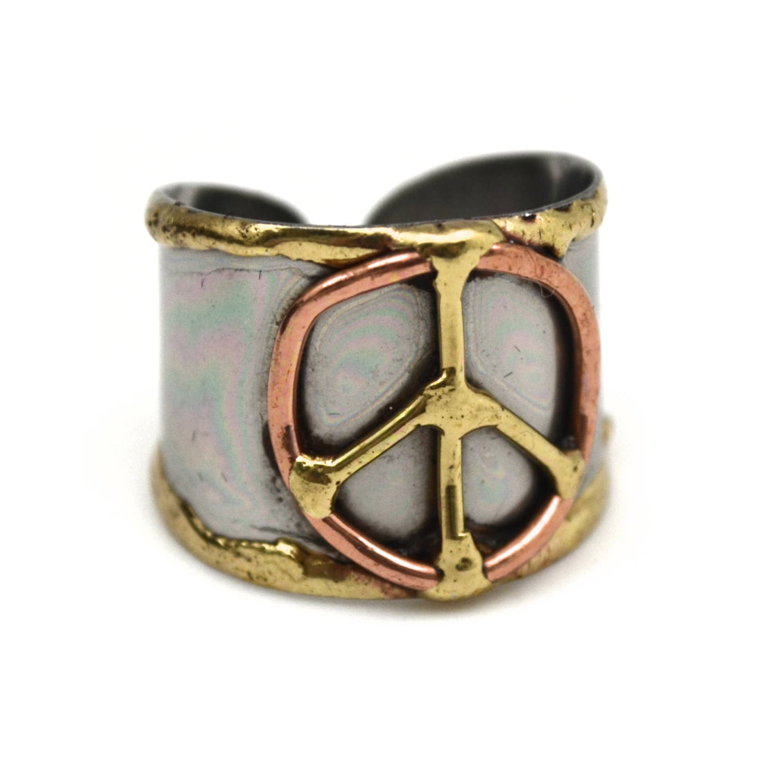 Mixed metal cuff ring by Anju Jewelry featuring layered design and sleek, modern style on a plain white background.