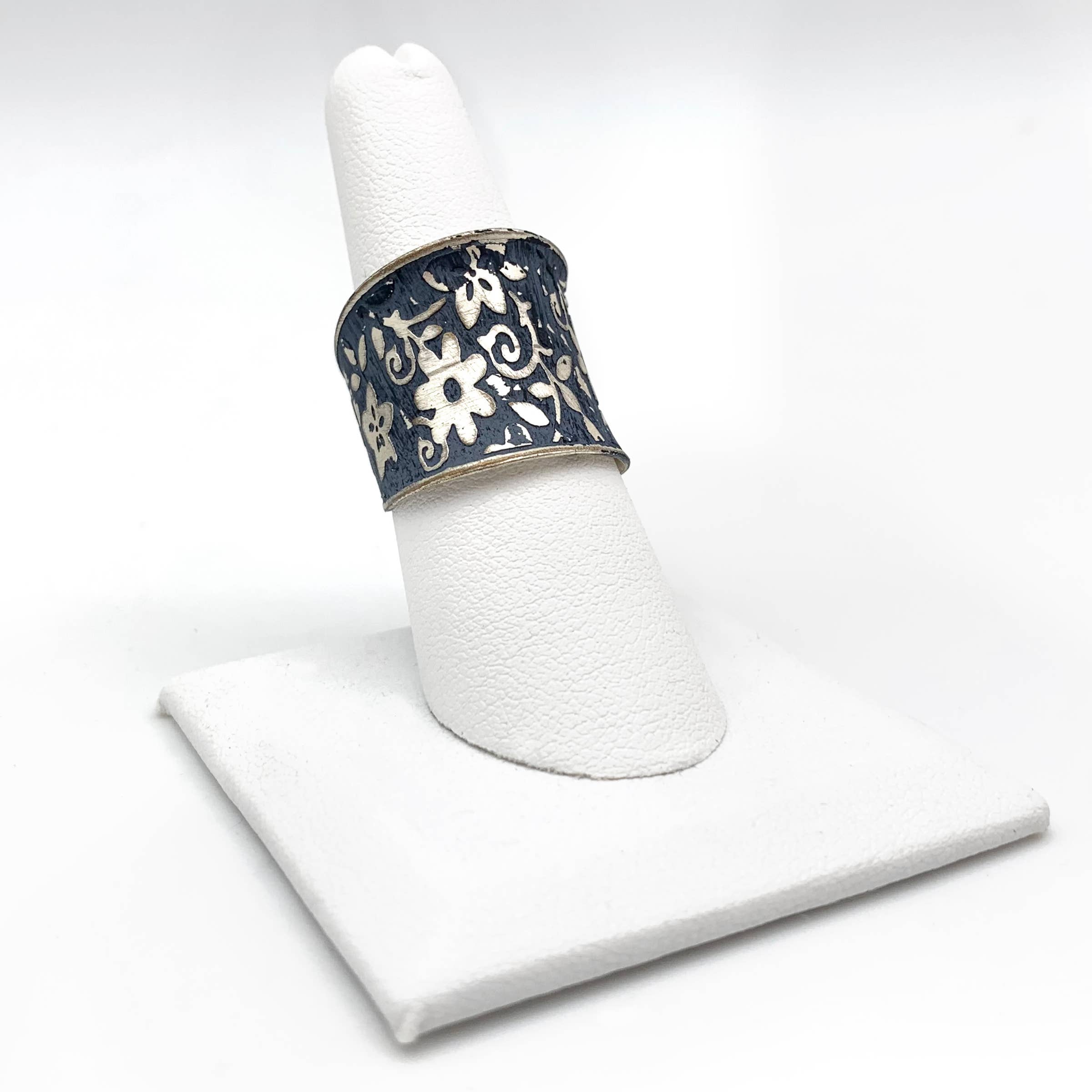 Silver Patina Ring with blue small floral design by Anju Jewelry, showcasing intricate floral jewelry craftsmanship.