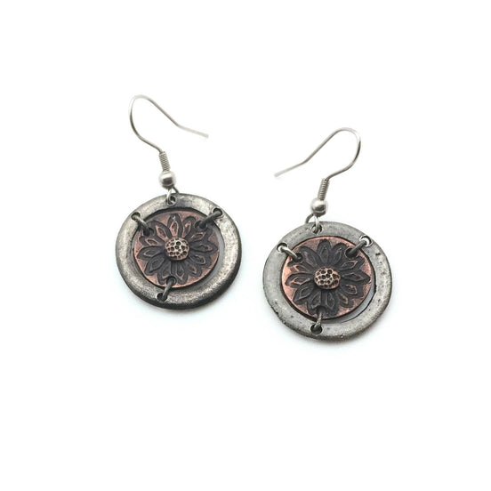 Sunflower in circle earrings by Anju Jewelry, gold-tone floral jewelry with intricate sunflower design in a circular shape.