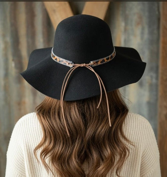 Avenue Zoe boho black felt hat with wide brim and stylish design, perfect for casual or bohemian fashion looks.
