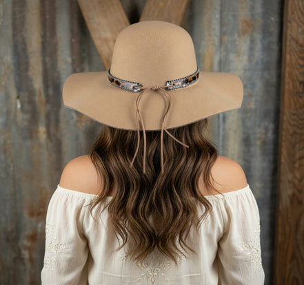 Avenue Zoe boho camel felt hat with wide brim and decorative band, stylish accessory for casual and festival outfits.