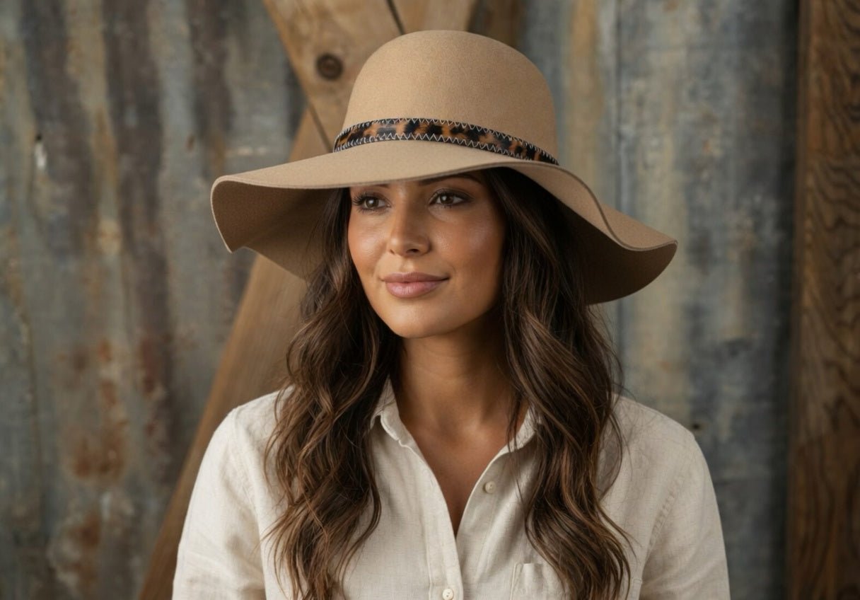 A beige boho felt hat with a wide brim, stylishly designed by Avenue Zoe, perfect for casual and bohemian fashion.