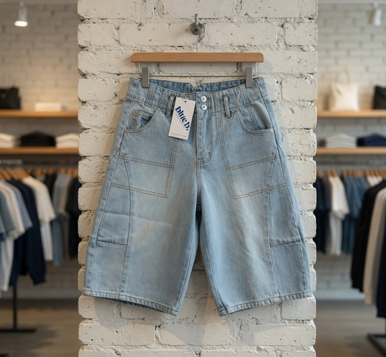 Blue B cargo denim knee-length shorts with functional pockets and a casual fit, ideal for comfortable summer wear.