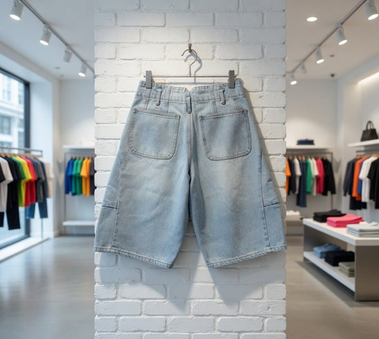 Blue B cargo denim knee-length shorts with multiple pockets and a relaxed fit, perfect for casual summer wear.