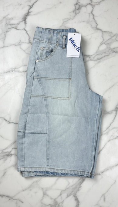 Blue B cargo denim knee-length shorts with multiple pockets and a relaxed fit, perfect for casual summer wear.