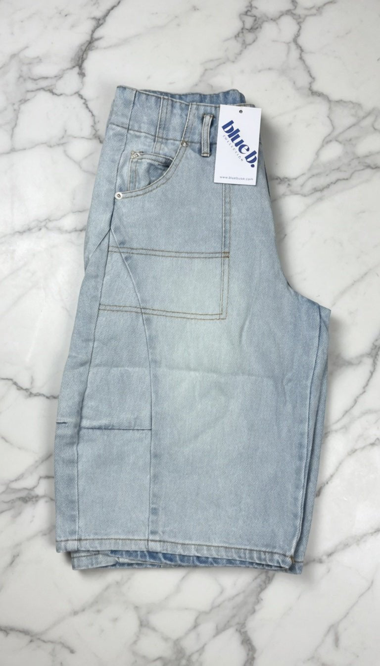Blue B cargo denim knee-length shorts with multiple pockets and a relaxed fit, perfect for casual summer wear.