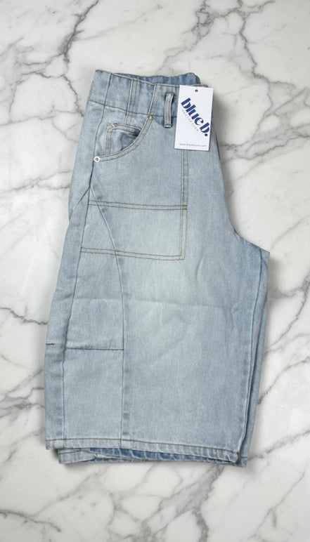 Blue B cargo denim knee-length shorts with multiple pockets and a relaxed fit, perfect for casual summer wear.