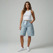 Blue B cargo denim knee-length shorts with multiple pockets and a relaxed fit for casual summer wear.