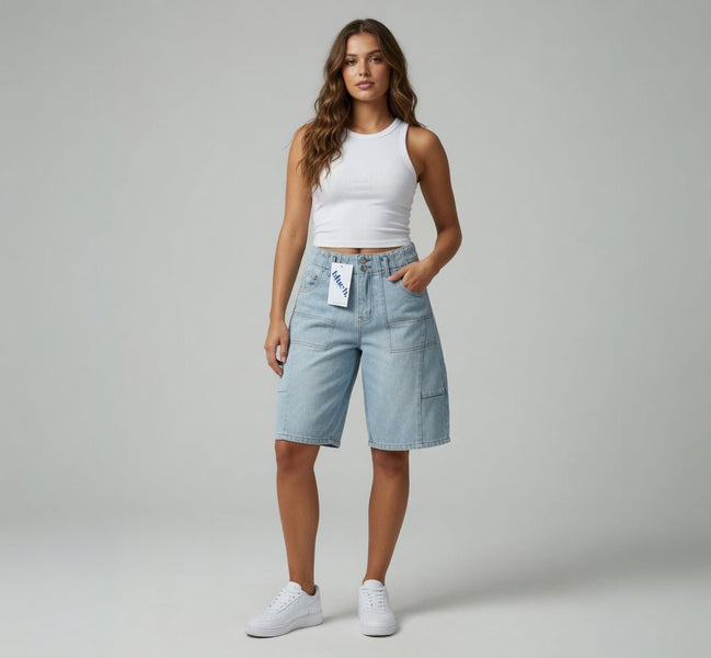 Blue B cargo denim knee-length shorts in blue, featuring multiple pockets and a casual fit for everyday wear.