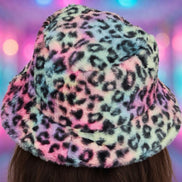 Tie dye leopard print faux fur bucket hat by Cap Zone, featuring vibrant tie dye and leopard pattern in soft, plush fabric.