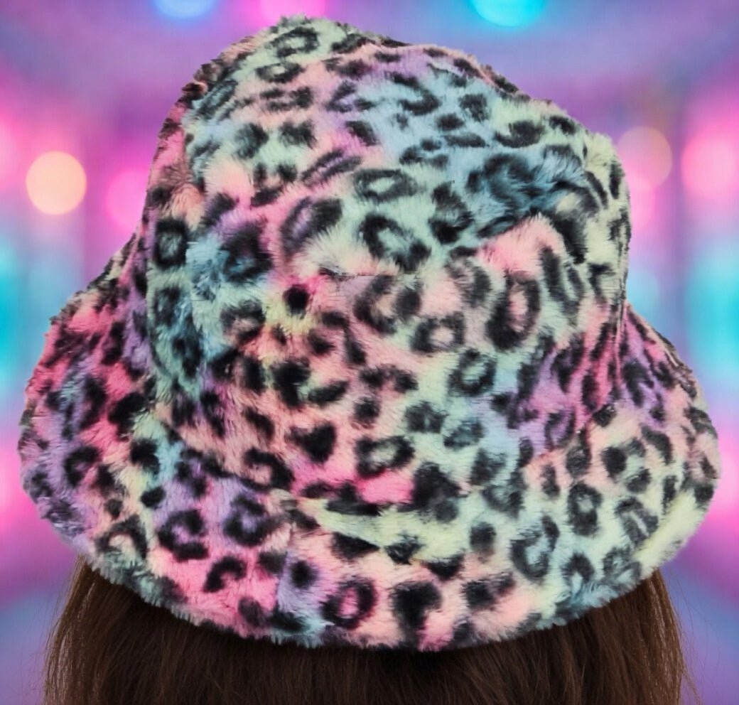 Tie dye leopard print faux fur bucket hat by Cap Zone, featuring vibrant tie dye and leopard pattern in soft, plush fabric.