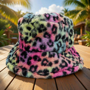 Tie dye leopard patterned faux fur bucket hat by Cap Zone featuring vibrant colors and soft, plush texture.