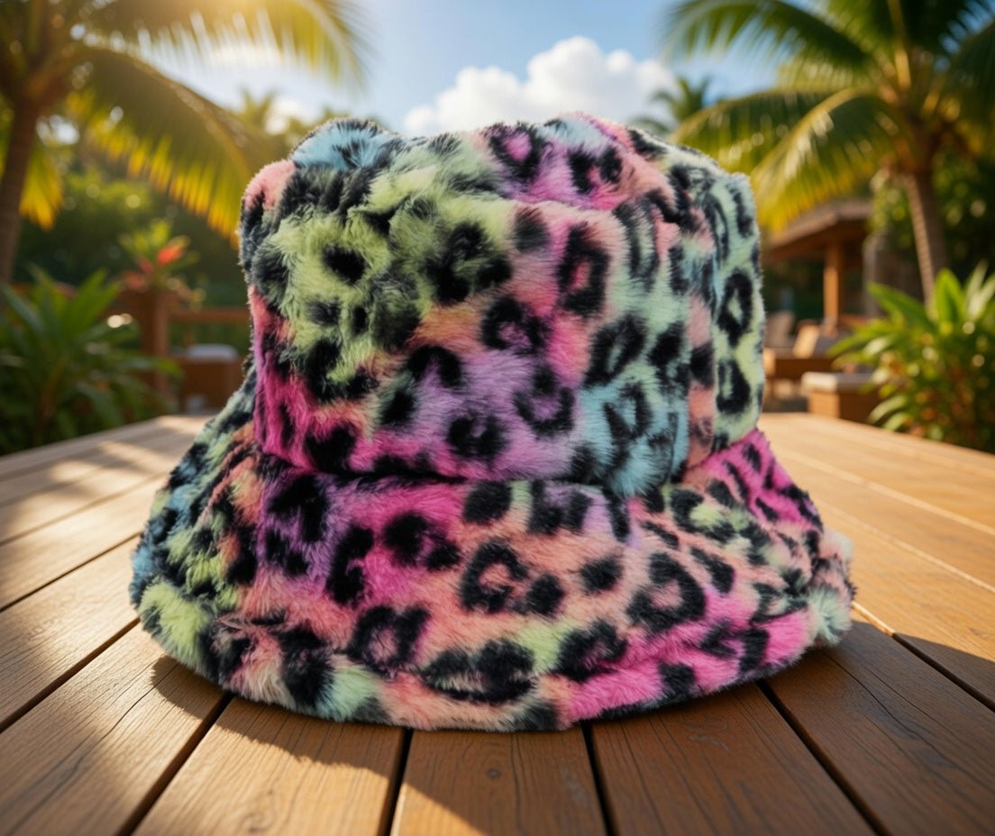 Tie dye leopard patterned faux fur bucket hat by Cap Zone featuring vibrant colors and soft, plush texture.