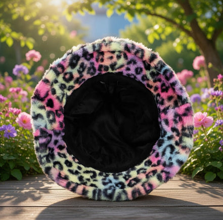 Tie dye leopard patterned faux fur bucket hat by Cap Zone, featuring vibrant colors and soft, plush texture for trendy style.