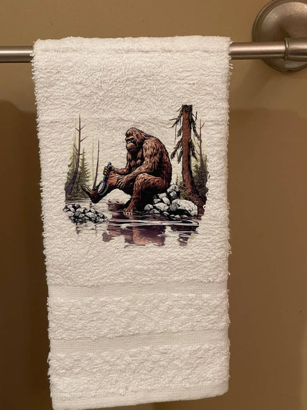 Squatchin’ Country Bathing Bigfoot 3-piece towel set with large, soft towels featuring Bigfoot prints and rustic design details.