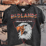 Country Deep Apparel BadLands Motorcycle Club cropped acid wash T-shirt, casual top with vintage motorcycle club design.