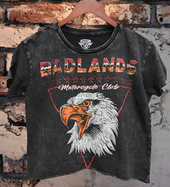 Country Deep Apparel BadLands Motorcycle Club cropped acid wash T-shirt, casual top with vintage motorcycle club design.