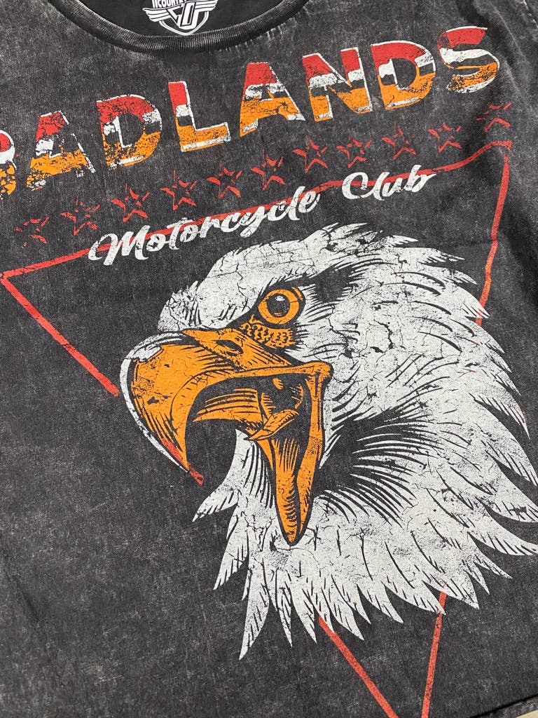Country Deep Apparel BadLands Motorcycle Club cropped acid wash T-shirt, casual motorcycle-themed top with distressed design.