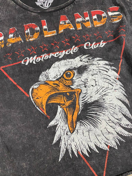 Country Deep Apparel BadLands Motorcycle Club cropped acid wash T-shirt, casual motorcycle-themed top with distressed design.