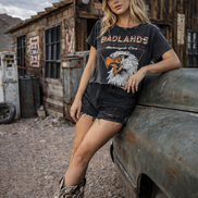 Country Deep Apparel BadLands Motorcycle Club cropped acid wash T-shirt, casual top with distressed finish and graphic design.