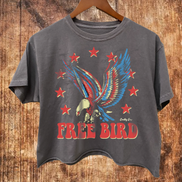 Charcoal-colored Free Bird 22 vintage relaxed crop T-shirt by Country Deep Apparel, featuring a casual, distressed bird graphic design.
