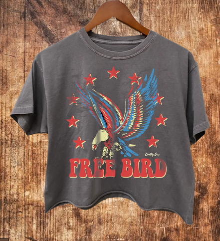 Charcoal-colored Free Bird 22 vintage relaxed crop T-shirt by Country Deep Apparel, featuring a casual, distressed bird graphic design.