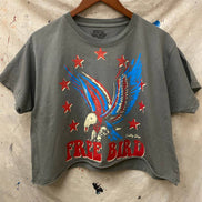 Charcoal-colored Free Bird 22 Vintage Relaxed Crop T-shirt by Country Deep Apparel, showcasing a casual, relaxed fit top.
