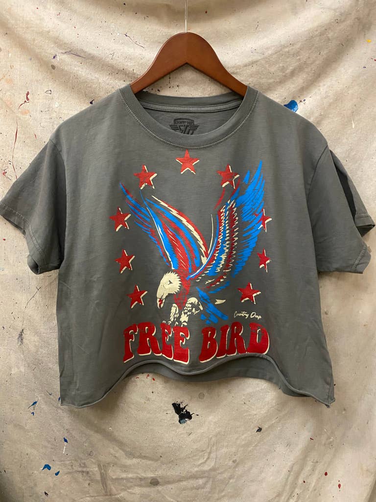 Charcoal-colored Free Bird 22 Vintage Relaxed Crop T-shirt by Country Deep Apparel, showcasing a casual, relaxed fit top.