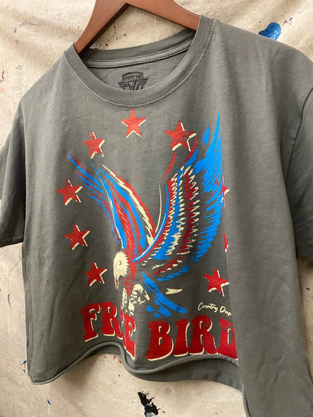 Charcoal vintage relaxed crop T-shirt by Country Deep Apparel featuring a Free Bird 22 design on the front.
