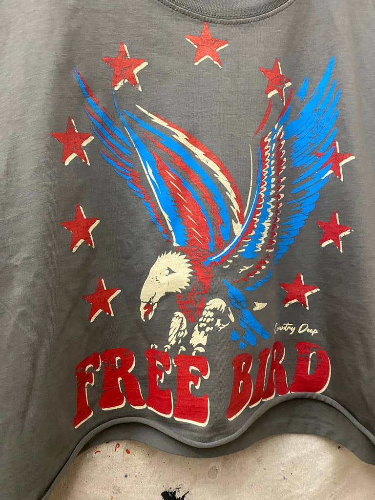 Charcoal Free Bird 22 vintage relaxed crop T-shirt by Country Deep Apparel, featuring a casual, distressed bird graphic design.
