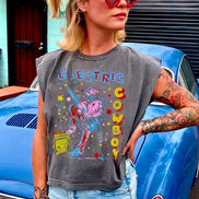 Faded black electric cowboy midriff boxy muscle crop top by Country Deep Apparel, featuring a relaxed fit and casual style.