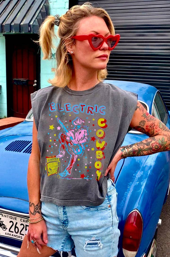 Faded black electric cowboy midriff boxy muscle crop top by Country Deep Apparel, featuring a relaxed fit and casual style.