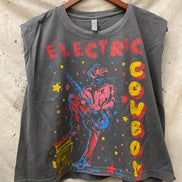Faded black electric cowboy midriff boxy muscle crop top by Country Deep Apparel, featuring a fitted, stylish design.