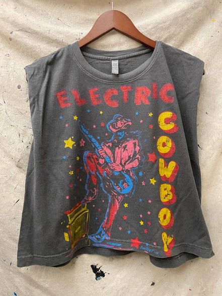 Faded black electric cowboy midriff boxy muscle crop top by Country Deep Apparel, featuring a fitted, stylish design.