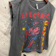 Faded black Electric Cowboy midriff boxy muscle crop top by Country Deep Apparel, casual sleeveless top with a relaxed fit.