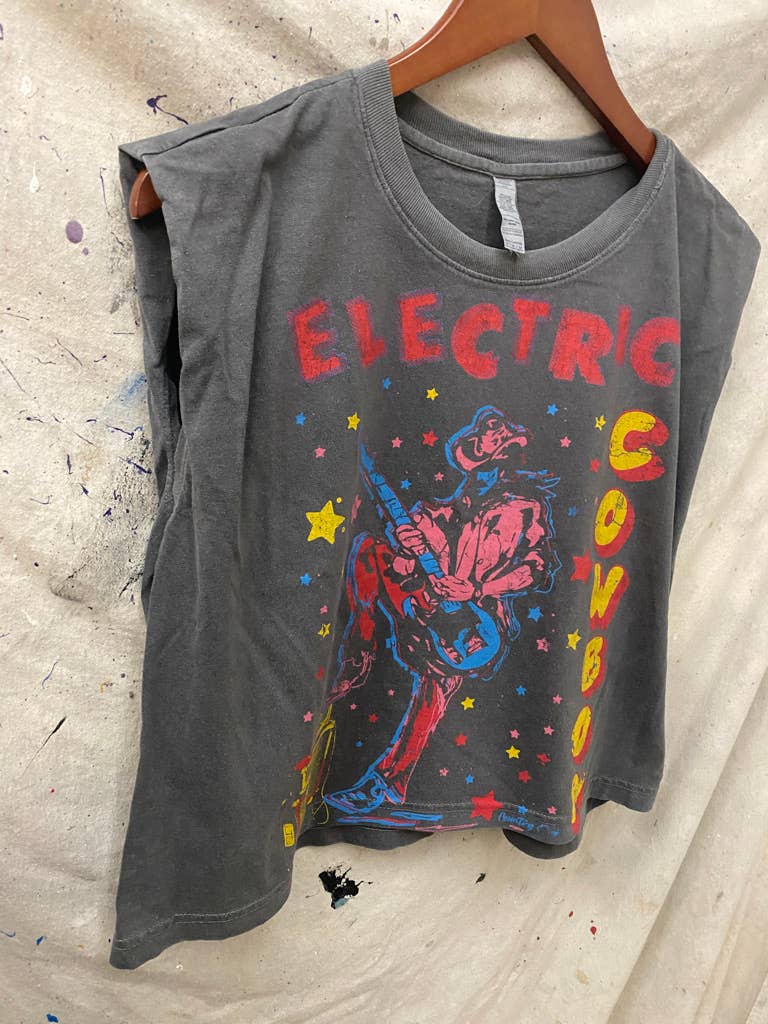 Faded black Electric Cowboy midriff boxy muscle crop top by Country Deep Apparel, casual sleeveless top with a relaxed fit.