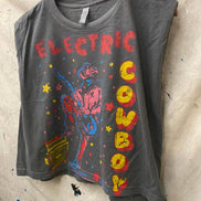 Faded black electric cowboy midriff boxy muscle crop top by Country Deep Apparel, featuring a fitted, stylish design.