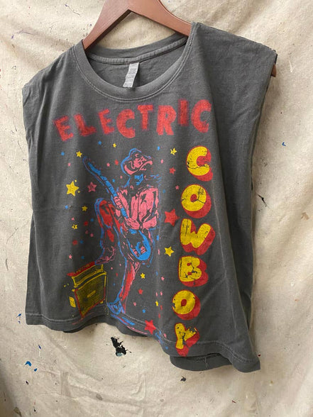Faded black electric cowboy midriff boxy muscle crop top by Country Deep Apparel, featuring a fitted, stylish design.
