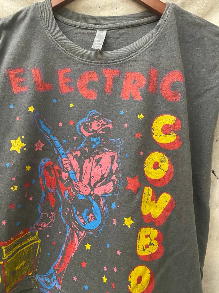 Faded black Electric Cowboy midriff boxy muscle crop top by Country Deep Apparel, casual sleeveless top with a fitted style.