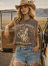 Faded brown Urban Cowboy boxy midriff top with pinned sleeve design by Country Deep Apparel, featuring a casual, cropped style.