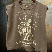 Faded brown Urban Cowboy boxy muscle top with pinned sleeves from Country Deep Apparel, midriff-baring and casual style.