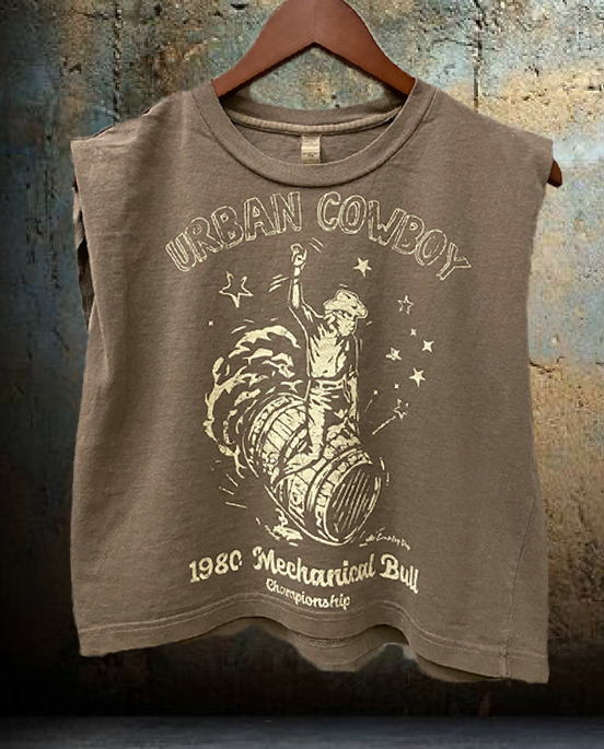 Faded brown Urban Cowboy boxy muscle top with pinned sleeves from Country Deep Apparel, midriff-baring and casual style.
