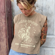 Faded brown Urban Cowboy boxy muscle top with pinned sleeves from Country Deep Apparel, midriff-baring style, casual fit.