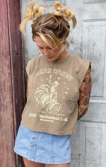 Faded brown Urban Cowboy boxy muscle top with pinned sleeves from Country Deep Apparel, midriff-baring style, casual fit.