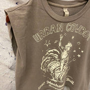Faded brown Urban Cowboy boxy midriff muscle top with pinned sleeves by Country Deep Apparel, casual and trendy for everyday wear.